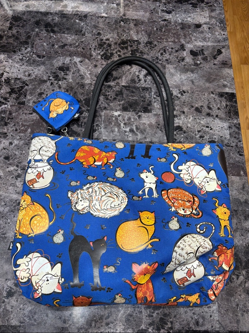 Blue Cat Print Tote Bag with Coin Pouch